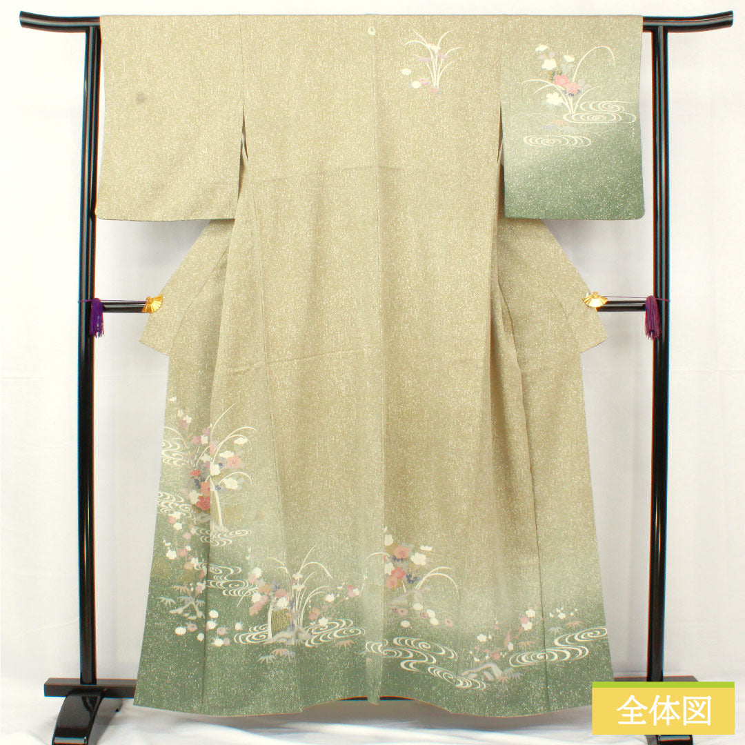 訪問着 正絹 袷 身丈157.5cm 裄丈62cm 蠟色(ろういろ) タタキ染 京友禅 菊 菖蒲 一つ紋 Sランク 緑系 1112005252319