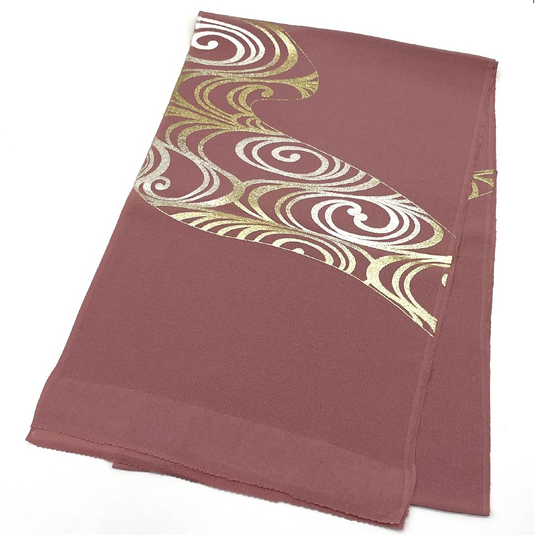 (New old stock) Formal obiage, pure silk, pink, gold and silver foil, flowing water, swirl, length 168cm, width 28.5cm, A grade, pink, 1136000253913