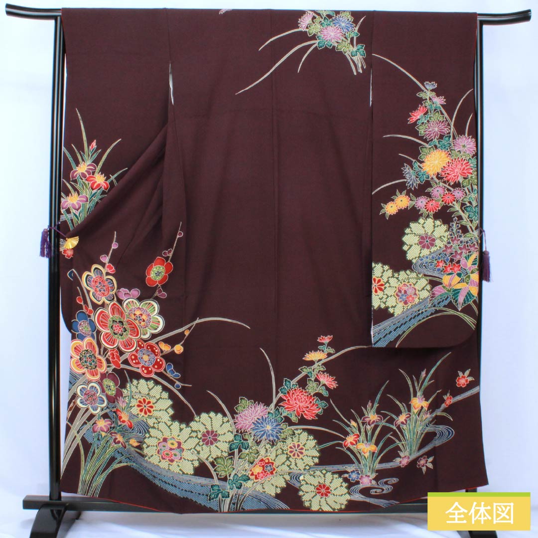 振袖 身丈154.5cm 裄丈63.5cm 正絹 秀品 【中古】 振袖 身丈165.5cm 裄丈67cm M 袷 草花 雲文 刺繍 金彩 朱色 正絹 秀品
