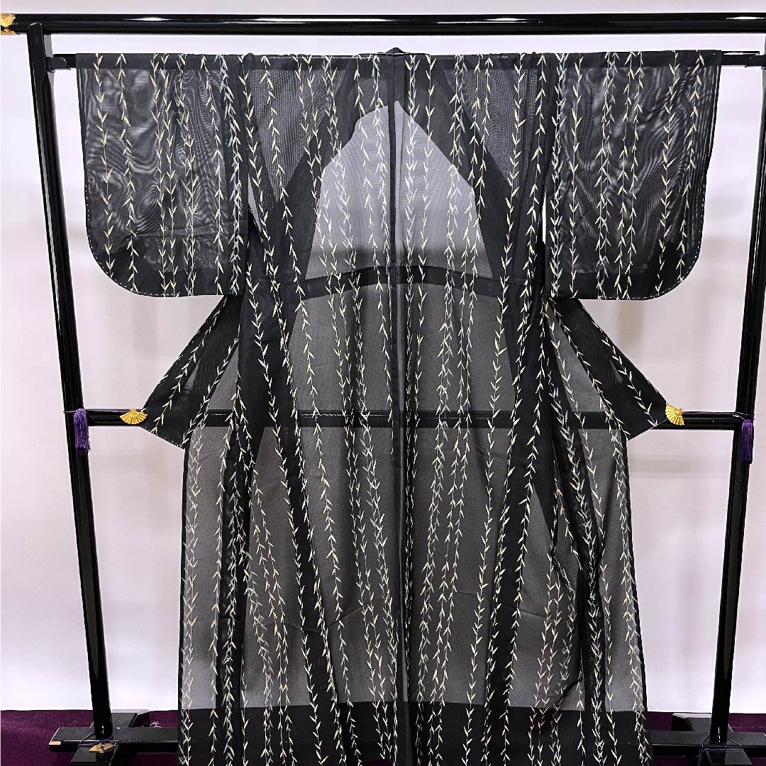 Summer item, polyester, small pattern, length 162cm, sleeve length 66cm, black, bamboo, with lining, unused, silk, A rank, black, 1132000233410