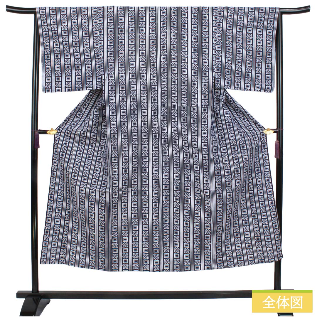 メンズ浴衣 木綿 Sランク 身丈145.5cm 裄丈66cm 濃紺色(のうこんいろ) 縞 矢羽根 単衣 紺系 1138000942418