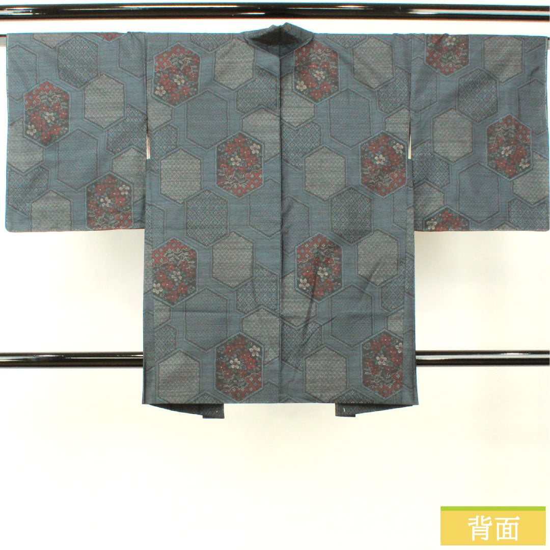 羽織 正絹 身丈87cm 裄丈65.5cm 大島紬 緯総絣 亀甲模様 しつけ糸付き Sランク 袷 紺系 1117001182918