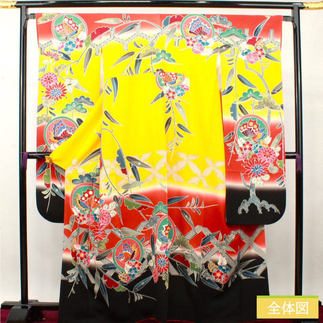 振袖 正絹 身丈165.5cm 裄丈65cm 袷 向日葵色 京紅型 吉祥文様 Sランク 黄系 1113001872523