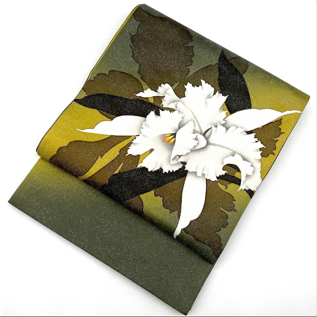 Fukuro Obi (Japanese sash) in Shimamatsu Nezuiro (Shimamatsu gray) by Yusuke Tange, Moonflower, silver thread, obi length 450cm, pure silk, S rank, point pattern, semi-formal, green, 1123007872319