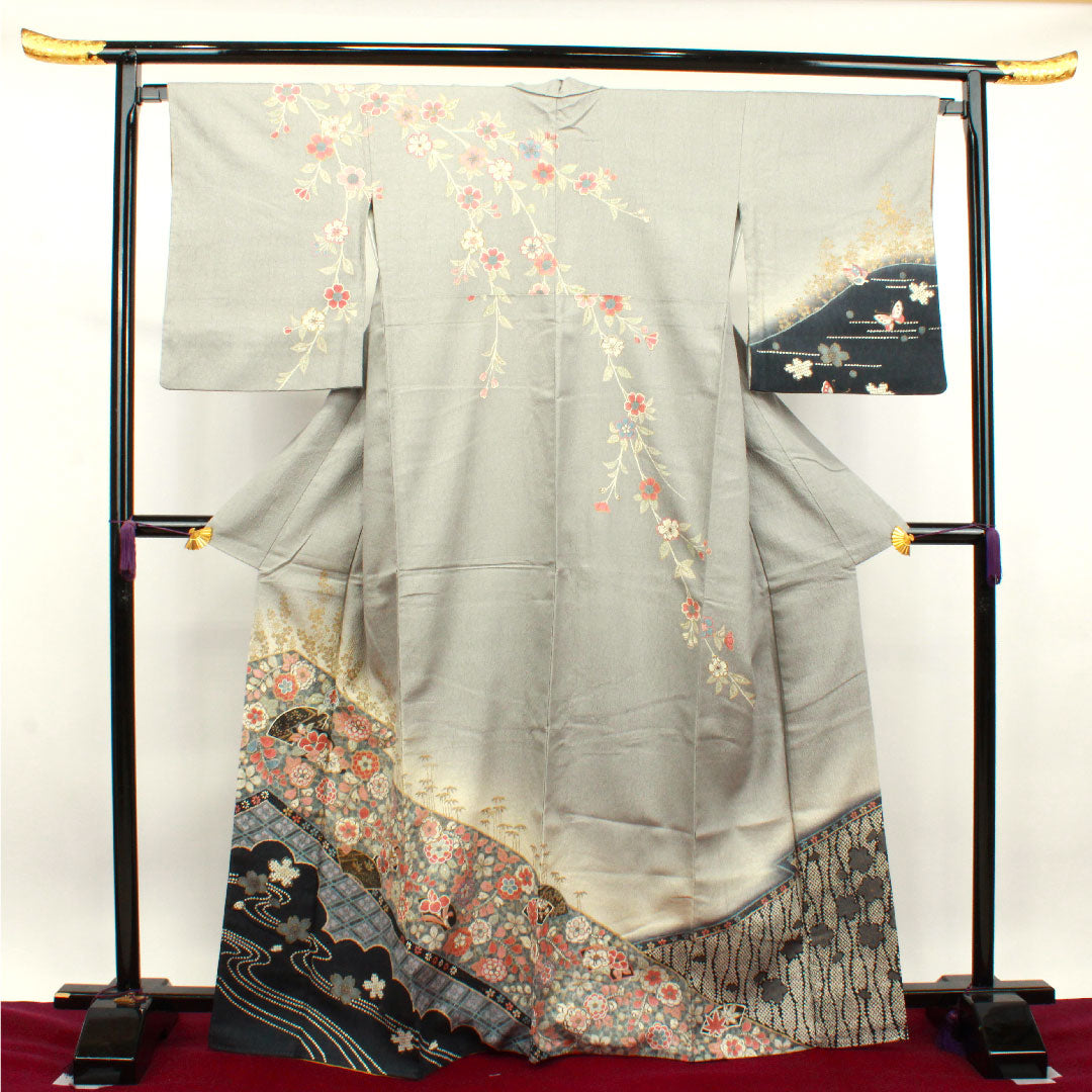 訪問着 正絹 袷 身丈166cm 裄丈66cm 水銀色 京友禅 辻ヶ花 Sランク グレー系 1112003062522