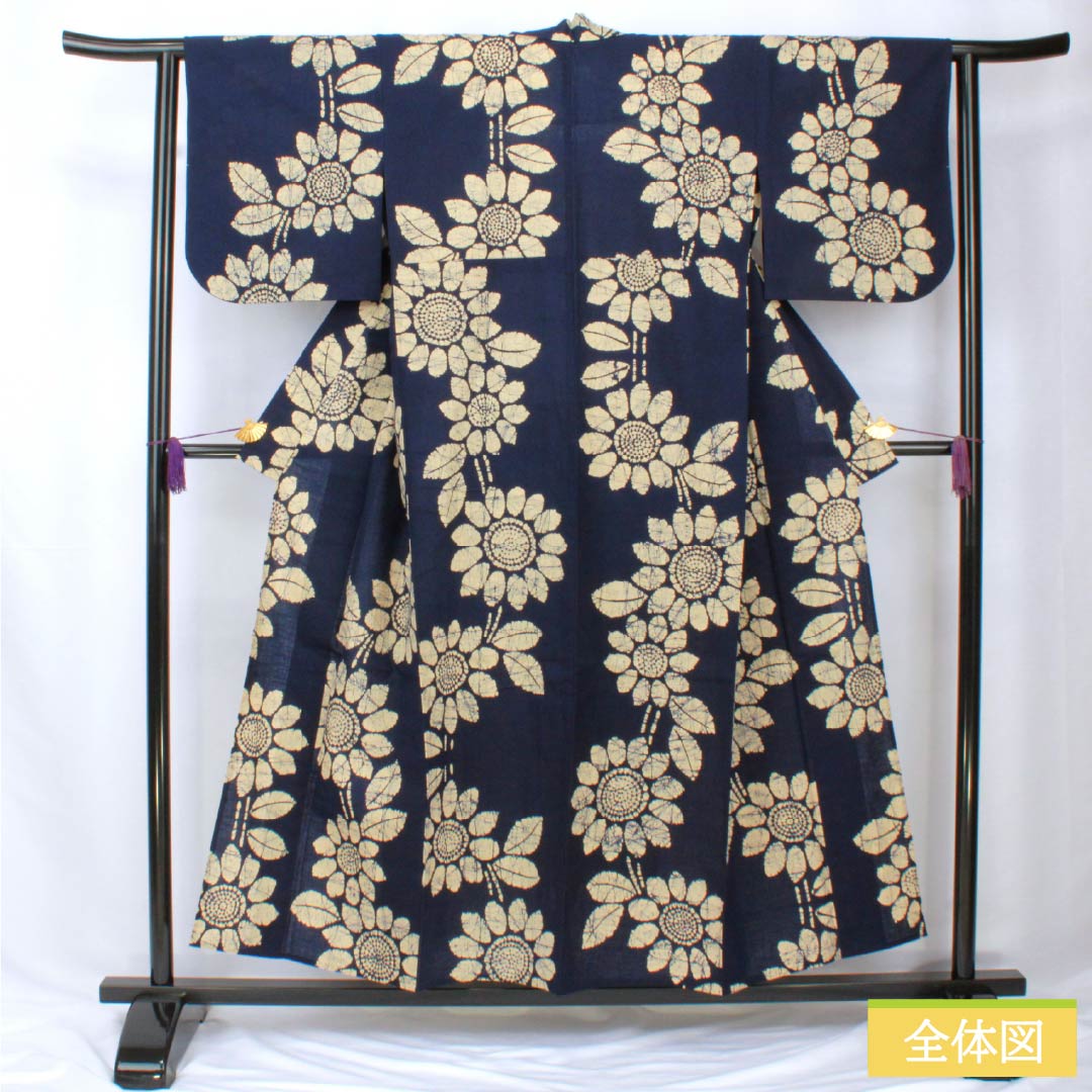 浴衣 木綿 身丈154cm 裄丈62.5cm Bランク 単衣 紺系 濃紺色(のうこんいろ) 向日葵 1118005844218