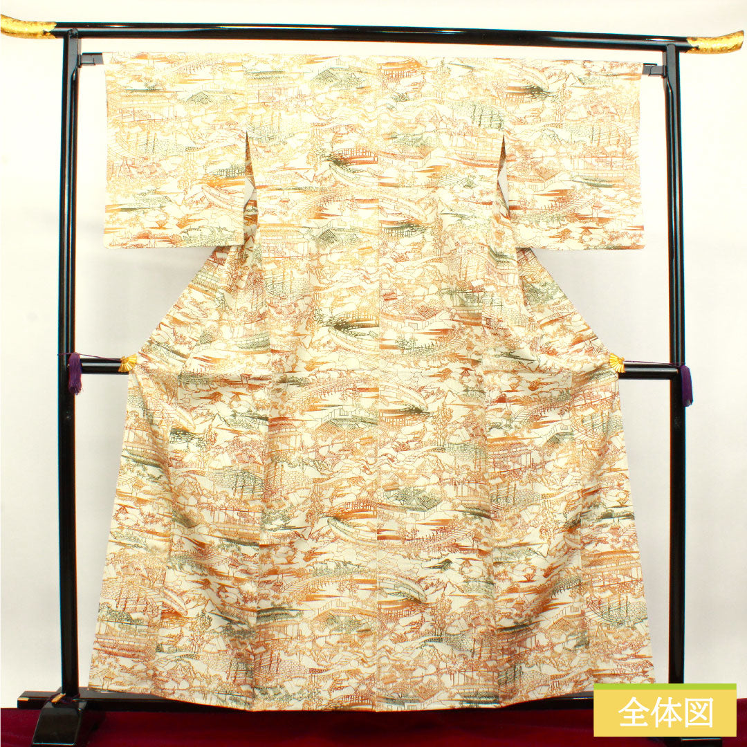 Komon, pure silk, length 160.5cm, sleeve length 65.5cm, unlined, ecru, pongee fabric, Chayatsuji, A rank, cream, 1115003873415
