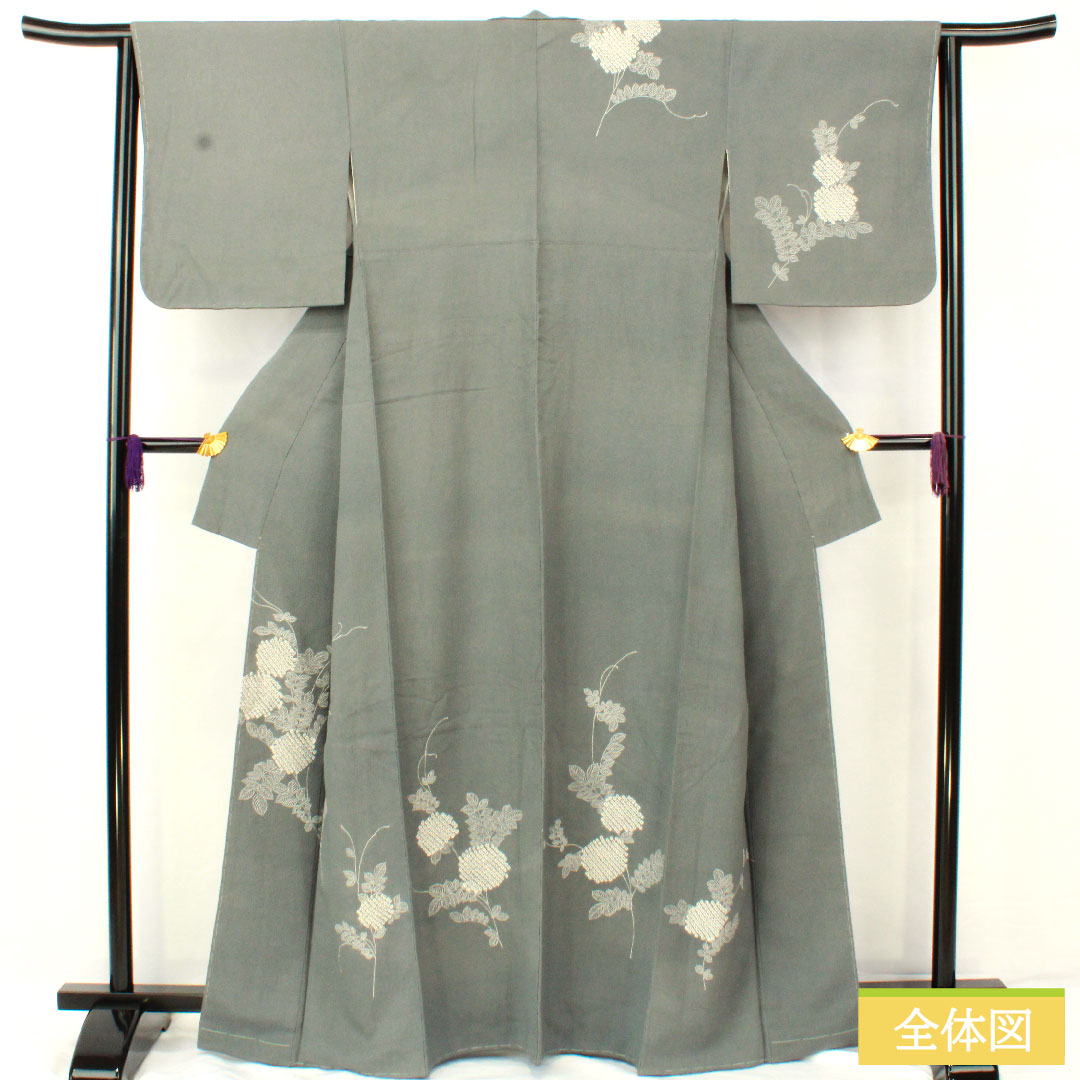 訪問着 正絹 袷 身丈163.5cm 裄丈63.5cm 青鈍色(あおにびいろ) 紫陽花 部分絞り Aランク グレー系 1112005353422