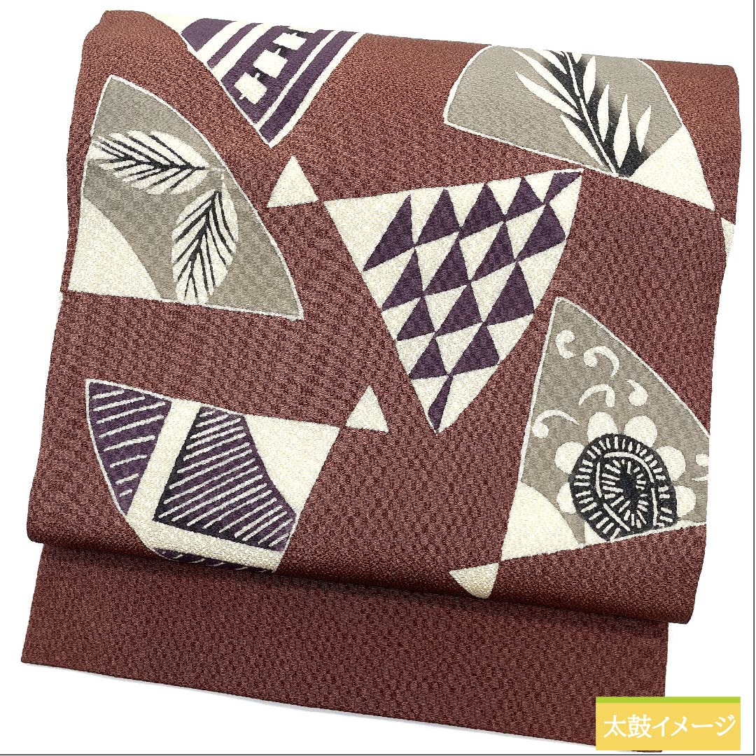 名古屋帯 錆色 扇面 鱗 花 染帯 ちりめん地 帯丈361.5cm 正絹 Sランク ポイント柄 カジュアル 茶系 1124005852314 名古屋仕立て