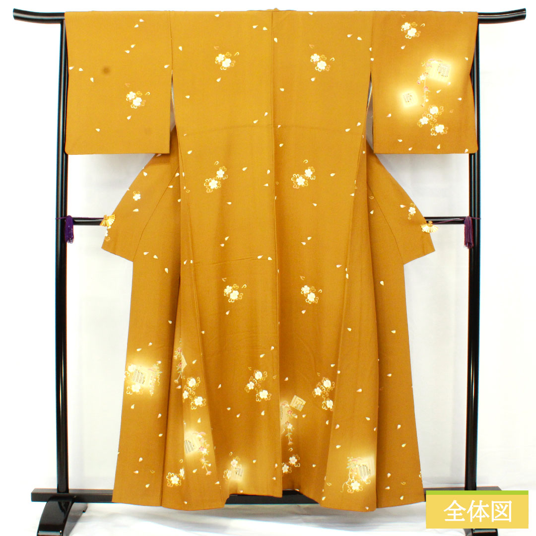 訪問着 正絹 袷 身丈156cm 裄丈66.5cm 木蘭色(もくらんじき) 桜 源氏香 パールトーン加工 Aランク 黄系 1112005433323