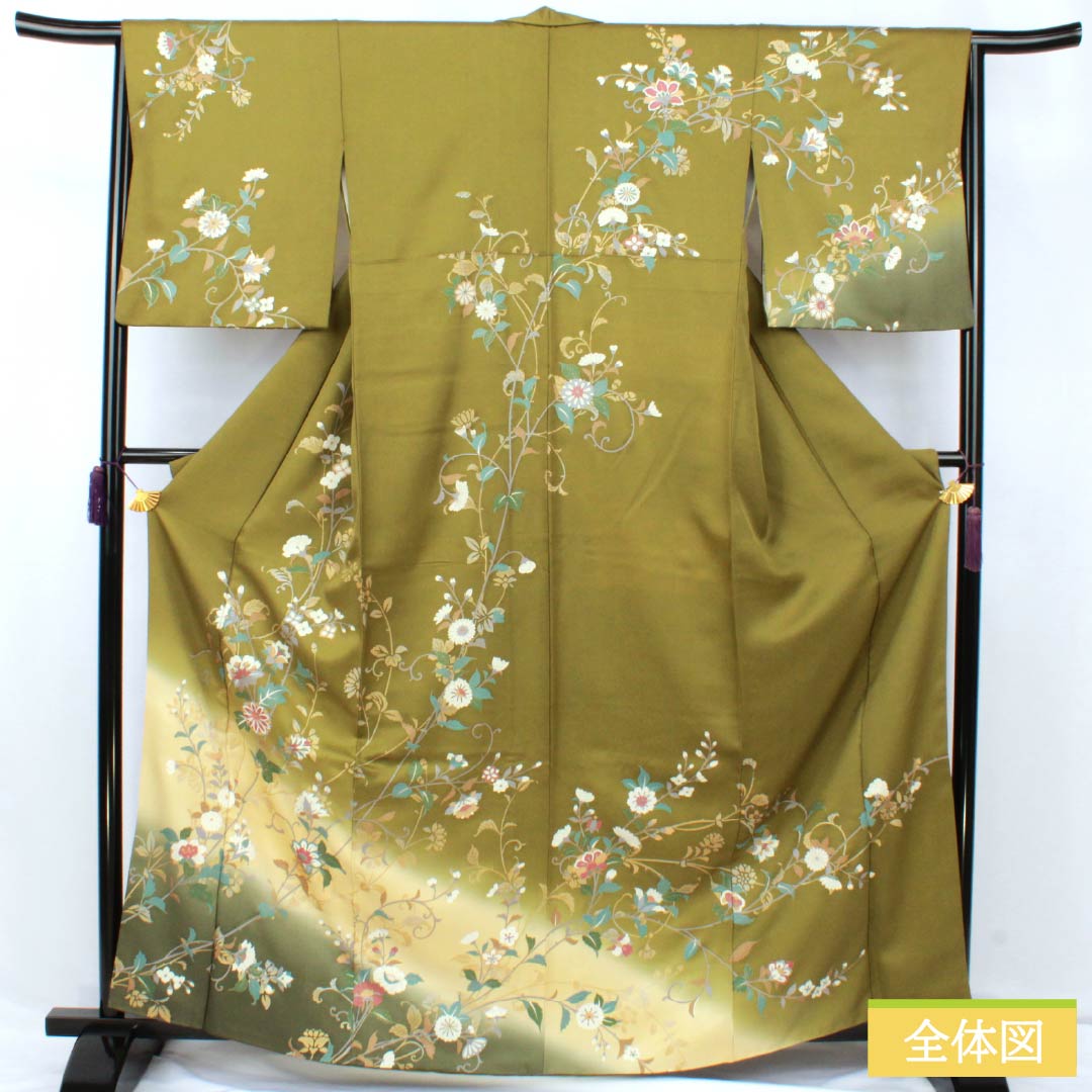訪問着 正絹 Aランク 袷 身丈162cm 裄丈60.5cm 威光茶色(いこうちゃいろ) 京友禅 草花 緑系 1112007593419