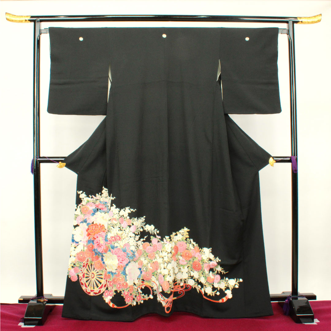 黒留袖 身丈165cm 裄丈62.5cm 袷 京友禅 花車 丸に五三桐 正絹 Sランク 五つ紋 黒系 1111000602510