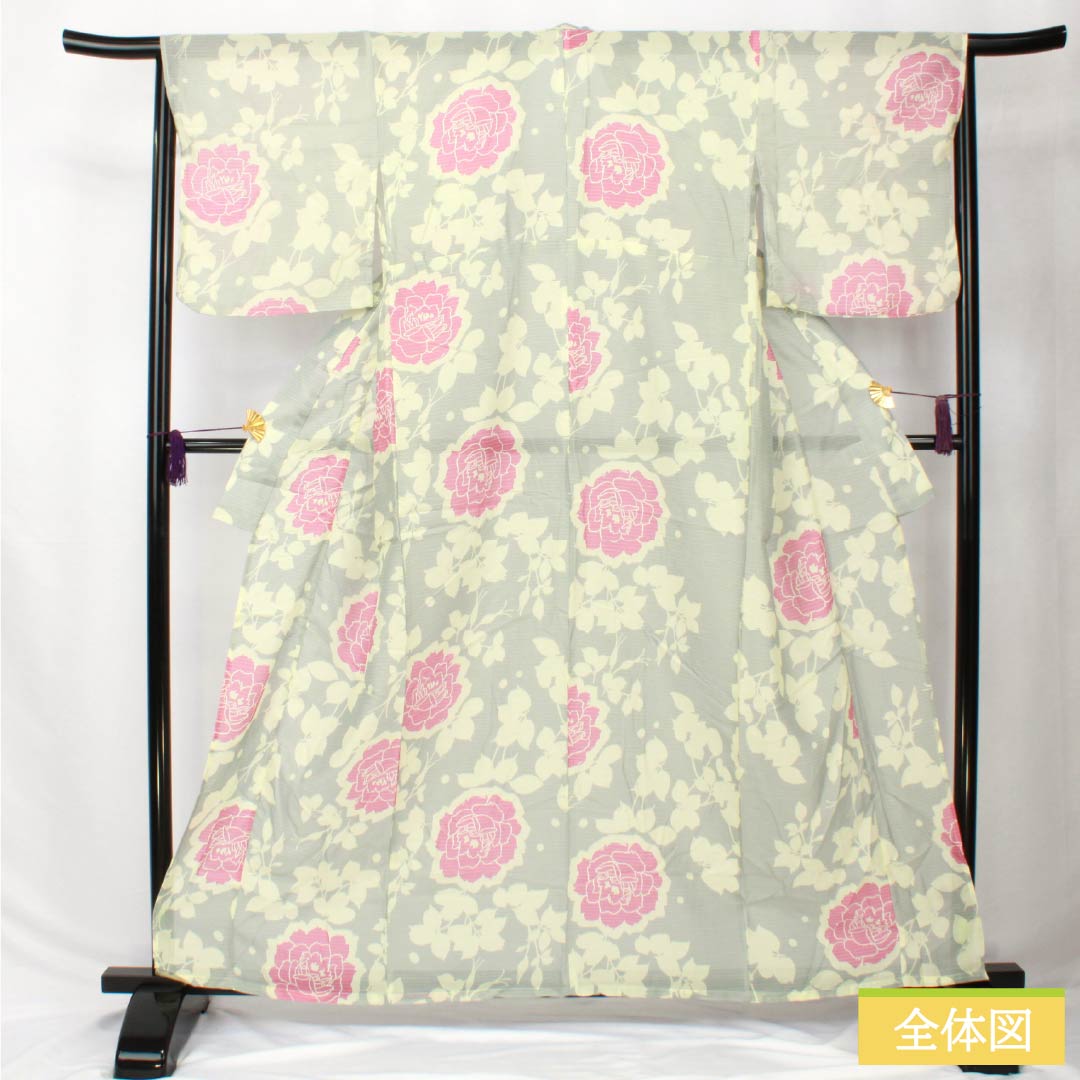 (新品未使用品) 浴衣 ポリエステル 身丈162.5cm 裄丈66.5cm NEWランク 単衣 グレー系 薄墨色(うすずみいろ) 花柄 ボタン 1118005701422