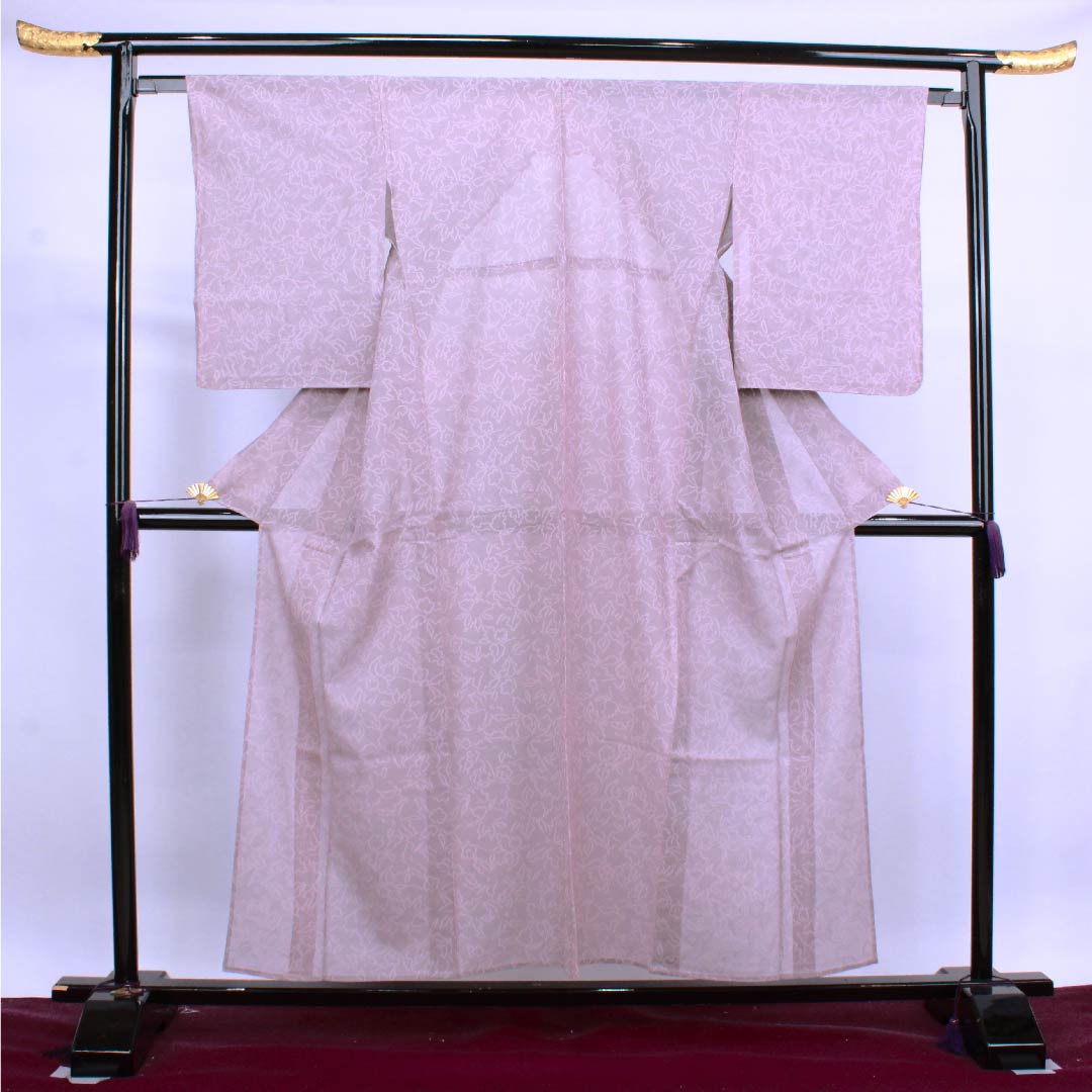 Summer pure silk komon length 155.5cm sleeve length 63.5cm light brown floral pattern gauze S rank purple 1132000222320