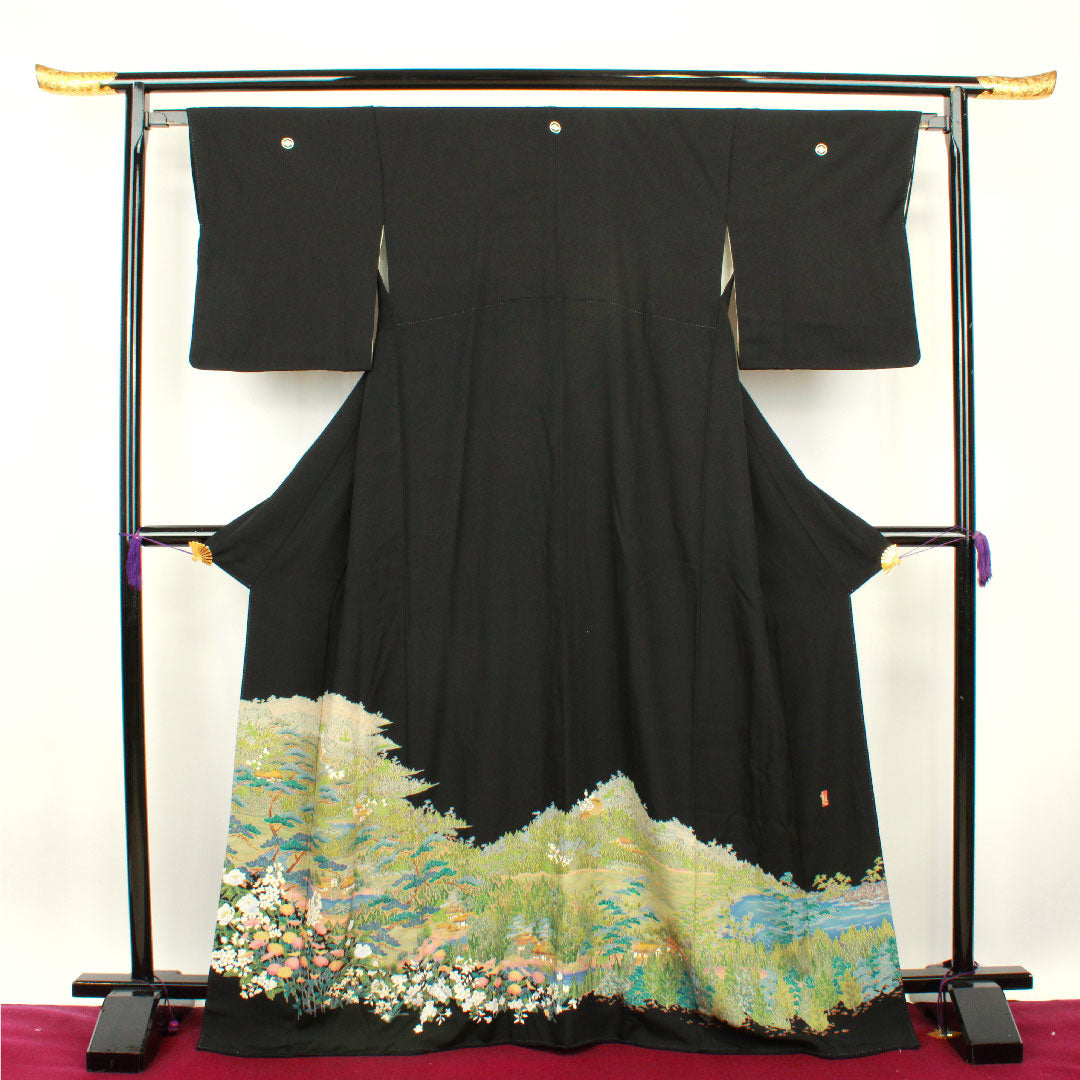 黒留袖 身丈168.5cm 裄丈62cm 袷 作家物 茶屋辻 草花模様 丸に花菱 正絹 Aランク 五つ紋 黒系 1111000473510