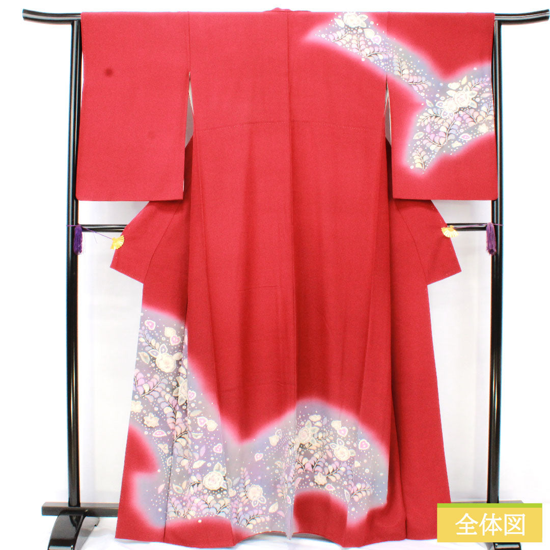 訪問着 正絹 袷 身丈163.5cm 裄丈64.5cm 臙脂色(えんじいろ) 辻ヶ花 Aランク 赤系 1112005823412