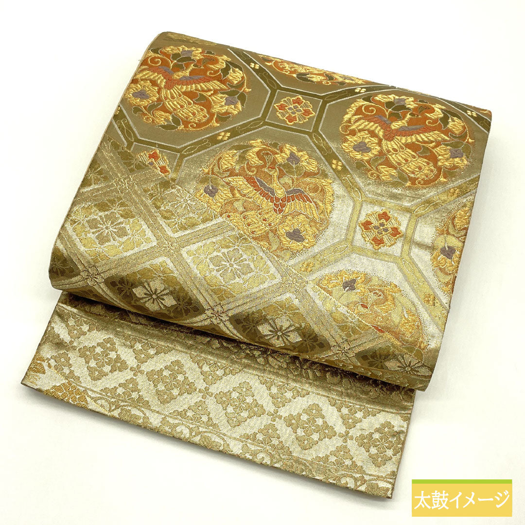 袋帯 正絹 Aランク 西陣織 鳳凰 吉祥文様 帯丈420cm 六通 フォーマル 金系 1123017243321