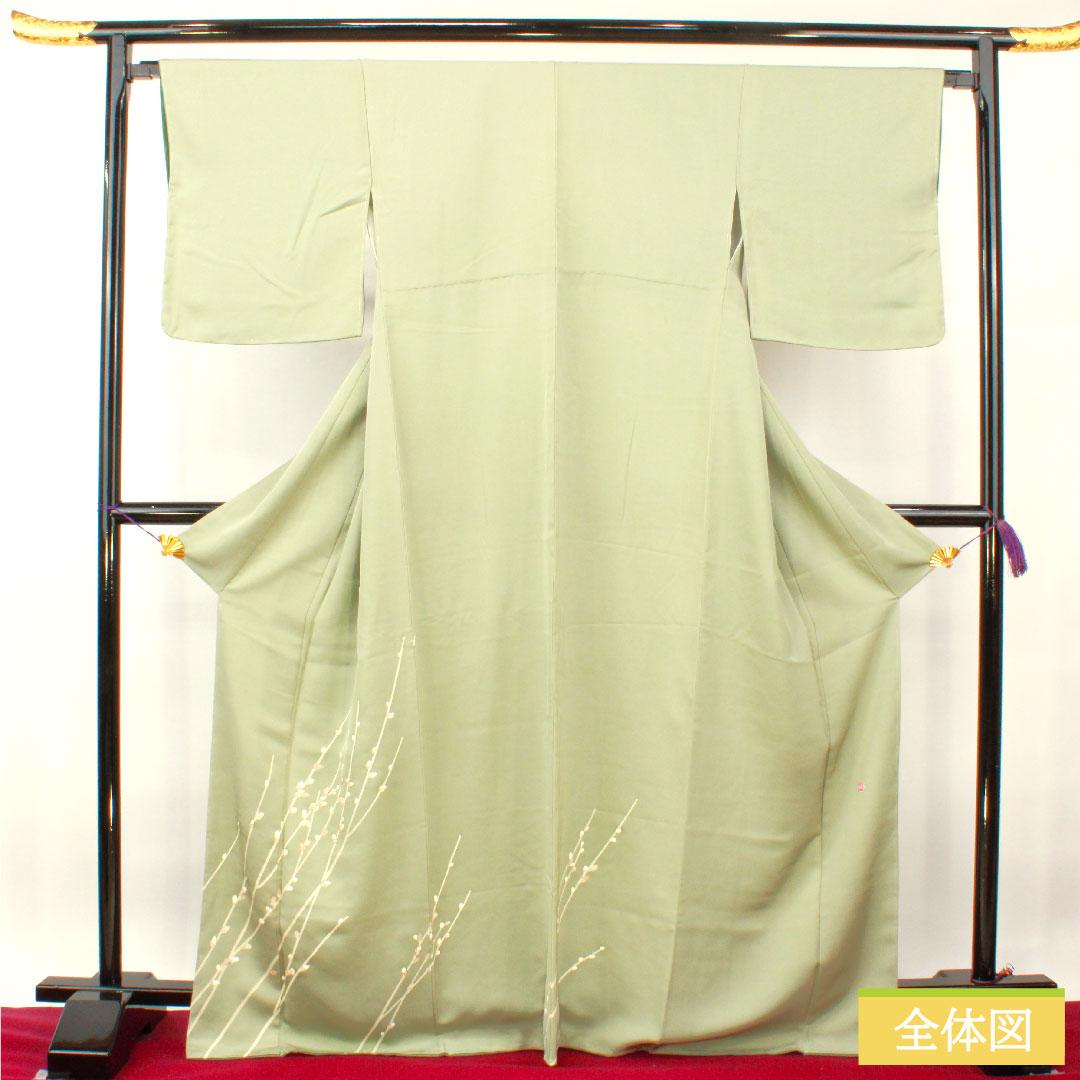 Homongi, pure silk, lined, length 168cm, sleeve length 66.5cm, leaf color on the reverse side, Kyoto Yuzen, bud pattern, with basting thread, unused, artist's work, S rank, green, 1112004152519