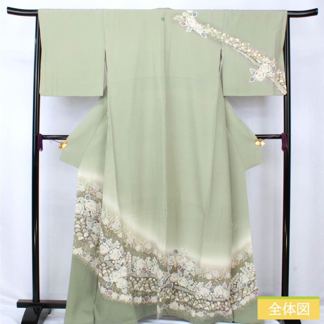 訪問着 正絹 Aランク 袷 身丈163cm 裄丈65.5cm 龍泉青瓷釉色(ロンチュエンチンツーユースーいろ) 京友禅 一つ紋 丸に梅鉢 縫い紋 辻ヶ花 緑系 1112006413419