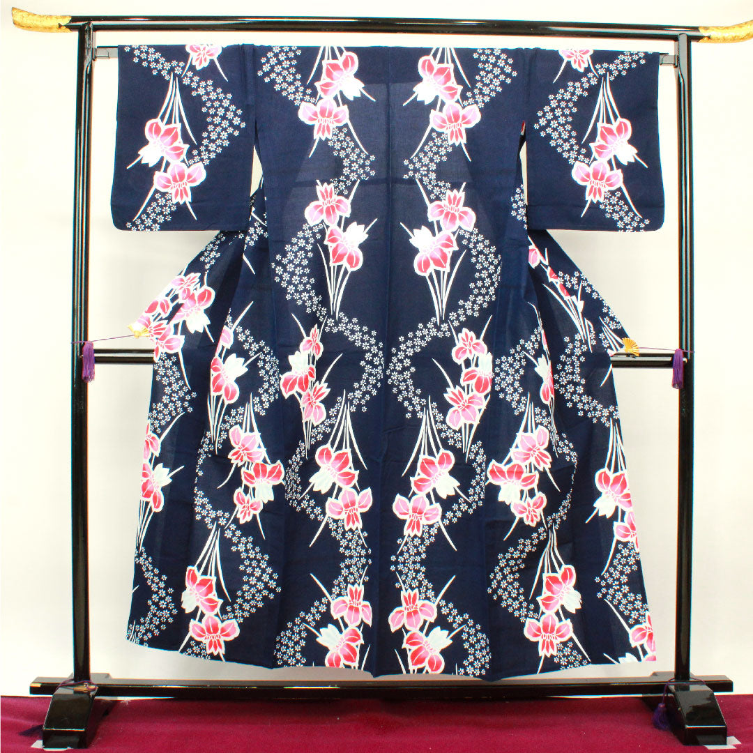 再生和服] 浴衣，深蓝色，鸢尾花，棉，S级，单层，长度152厘米，海军蓝，1118002462218