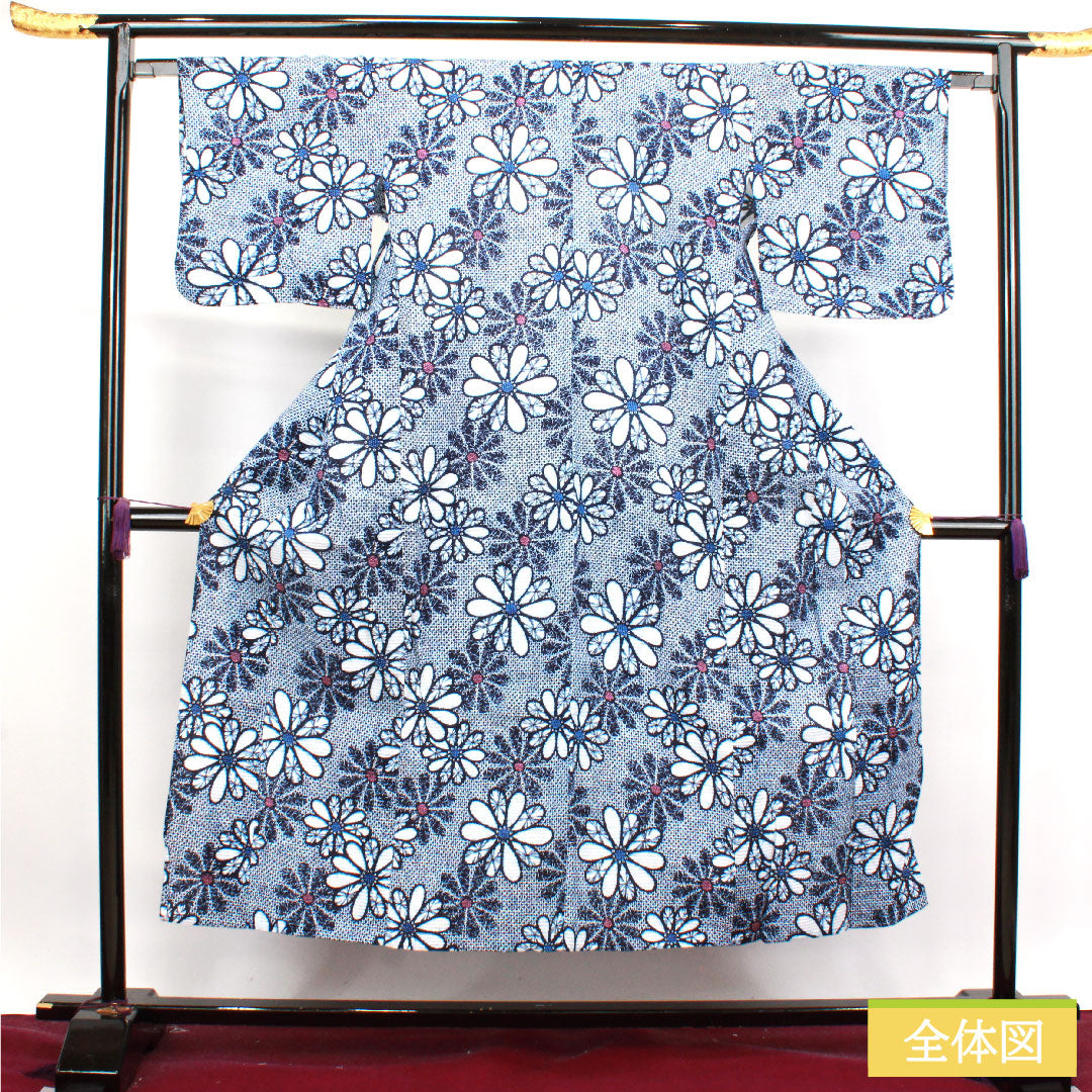 浴衣 木綿 身丈148cm 裄丈63.5cm Sランク 単衣 紺系 濃紺色(のうこんいろ) リップル 菊 1118004572118