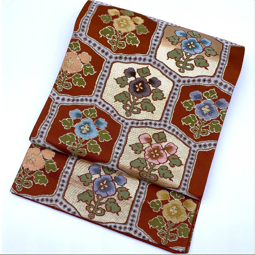 Fukuro Obi (Sash) in Shoujo Chairo (Scarlet Brown) with Floral Pattern, Tortoise Shell, Shirayaen Oba, Length 420cm, Pure Silk, A Rank, Six-Pass, Formal, Orange, 1123008893326