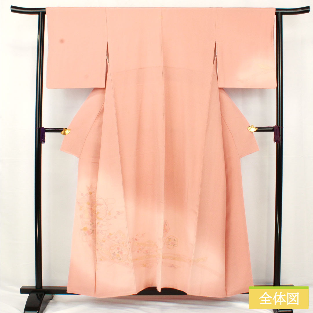 色留袖 正絹 身丈155cm 裄丈62.5cm 袷 東雲色(しののめいろ) 蘇州刺繡 吉祥文様 一つ紋 丸に違い鷹の羽 Bランク ピンク系 1111001694313