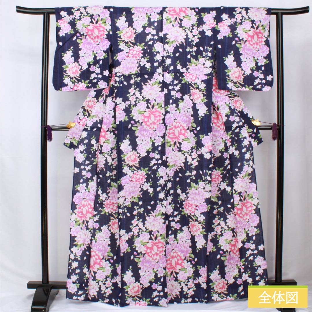 浴衣 木綿 身丈166.5cm 裄丈60cm Sランク 単衣 紺系 緋紺色(ひこんいろ) ダリア ラメ 1118006192518