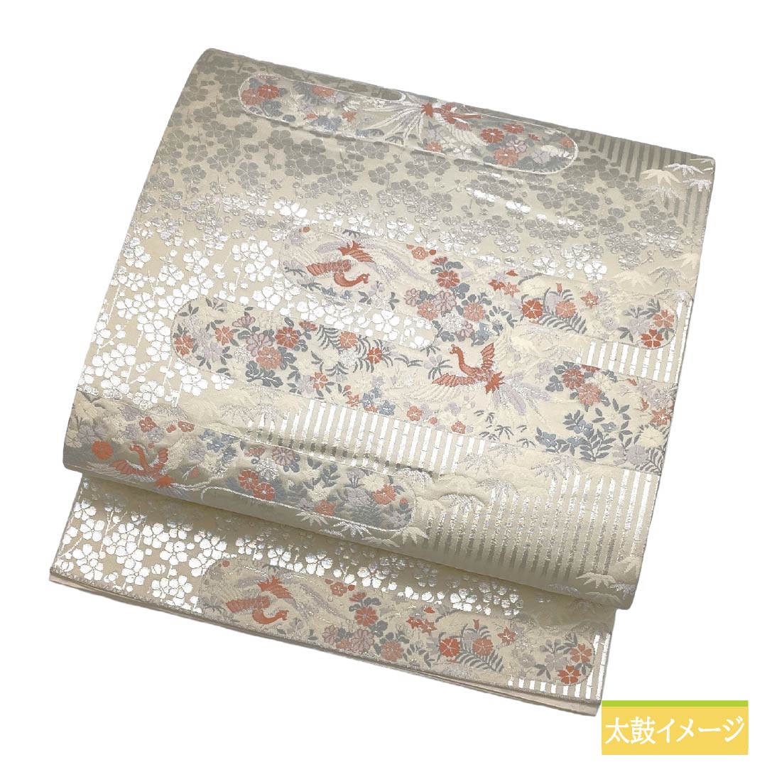 袋帯 正絹 Aランク 乳白色(にゅうはくしょく) 慶長柄 入学式 ヱ霞 帯丈428cm 六通 セミフォーマル 白系 1123018653311