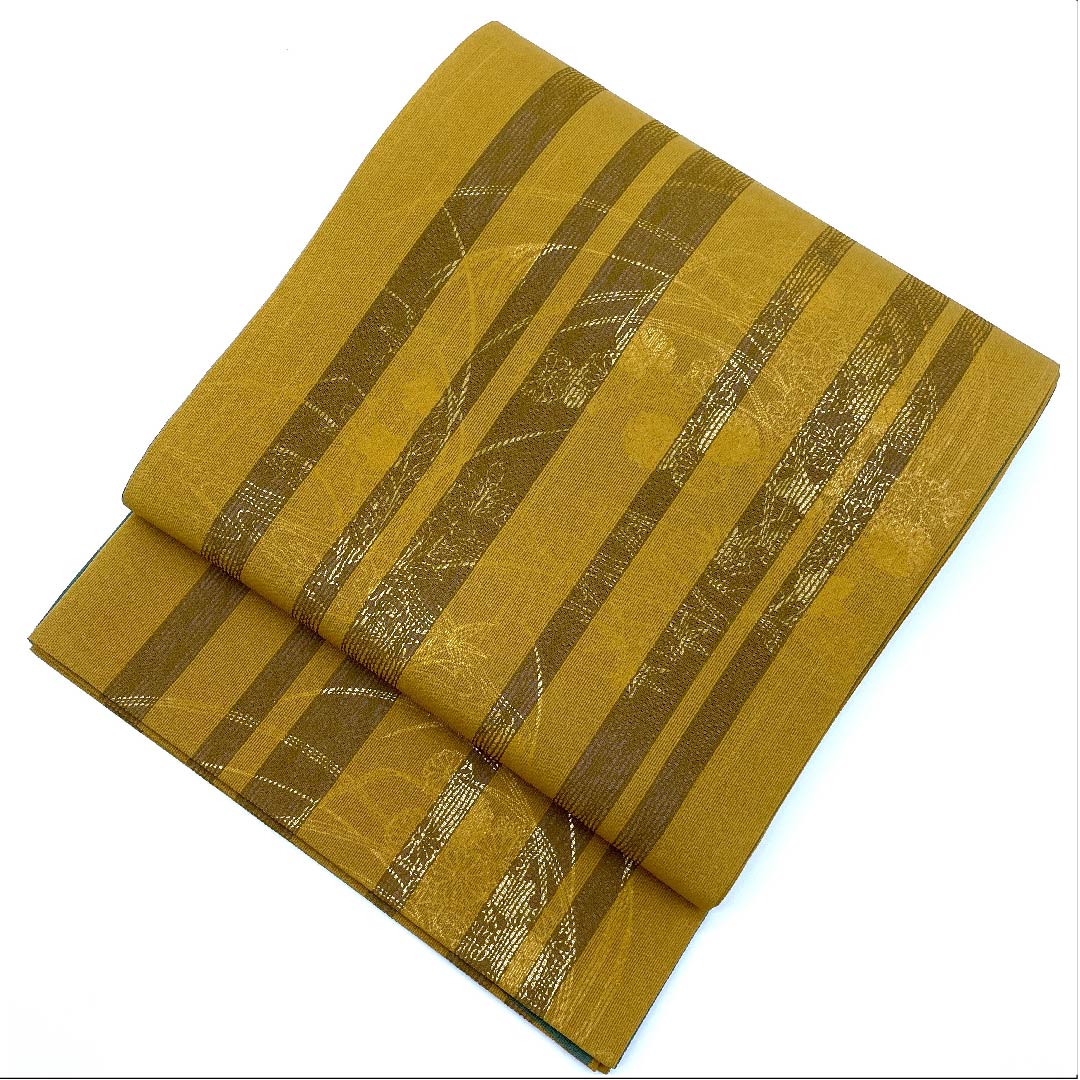 袋帯 狐色(きつねいろ) 夏帯 すすき 花模様 夏物 帯丈438cm 正絹 Sランク 全通 カジュアル 黄系 1123007732323