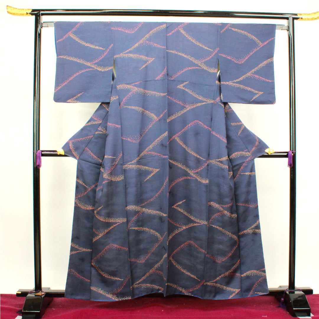 小紋 身丈158cm 裄丈63.5cm 袷 青褐色 抽象模様 正絹 Aランク 紺系 1115003493318