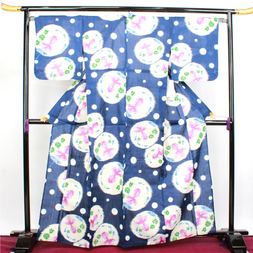 浴衣 紺桔梗色 抽象模様 木綿 Aランク 単衣 身丈163cm 裄丈68cm 紺系 1118001333418