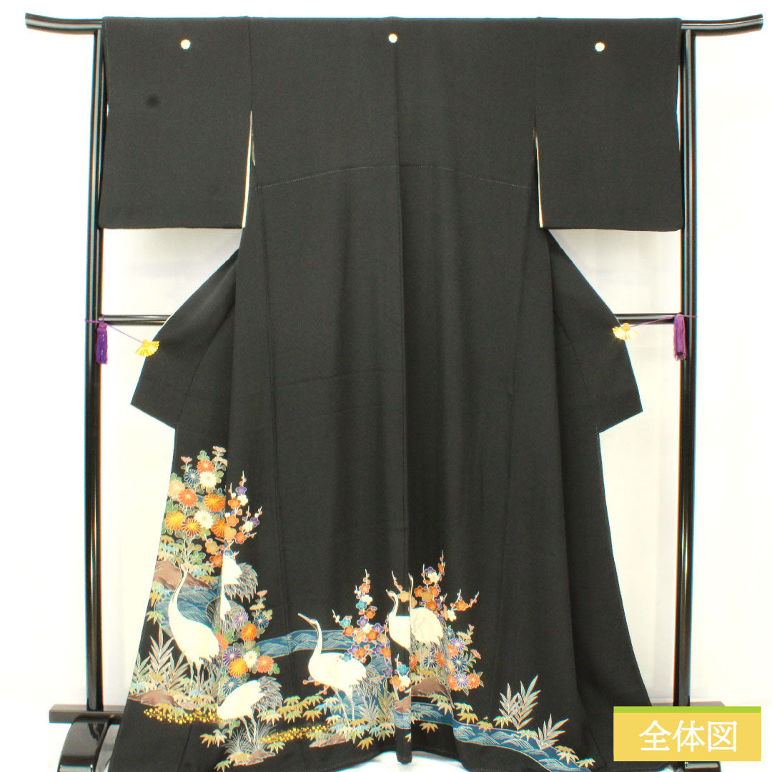 黒留袖 正絹 身丈165cm 裄丈63cm 袷 京友禅 鶴 菊 竹 梅 五つ紋 剣片喰 Aランク 黒系 1111001503510