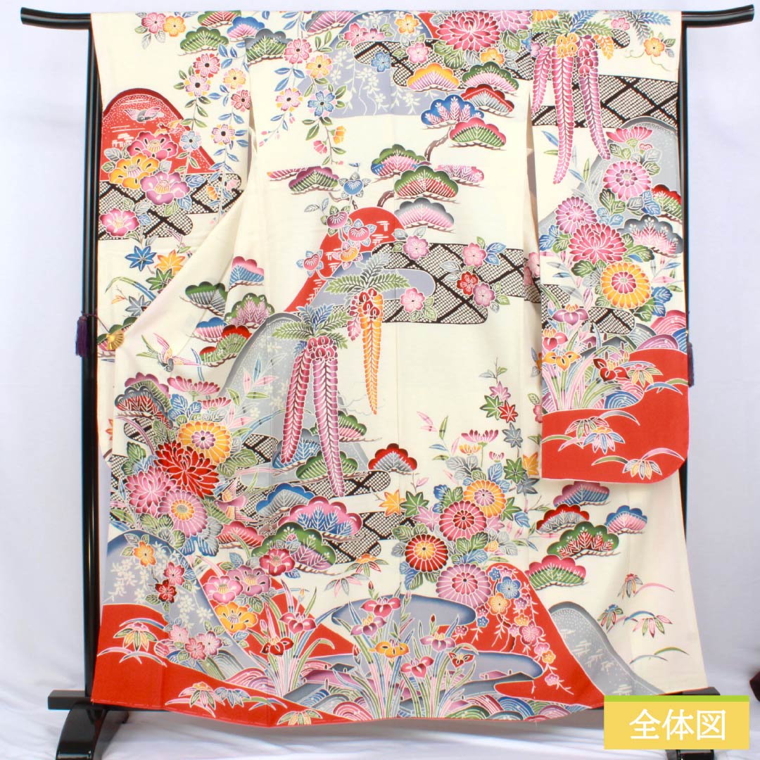 振袖 正絹 Aランク 身丈161.5cm 裄丈65.5cm 袷 乳白色(にゅうはくしょく) 京紅型 吉祥文様 しつけ糸付き 白系 1113002913411