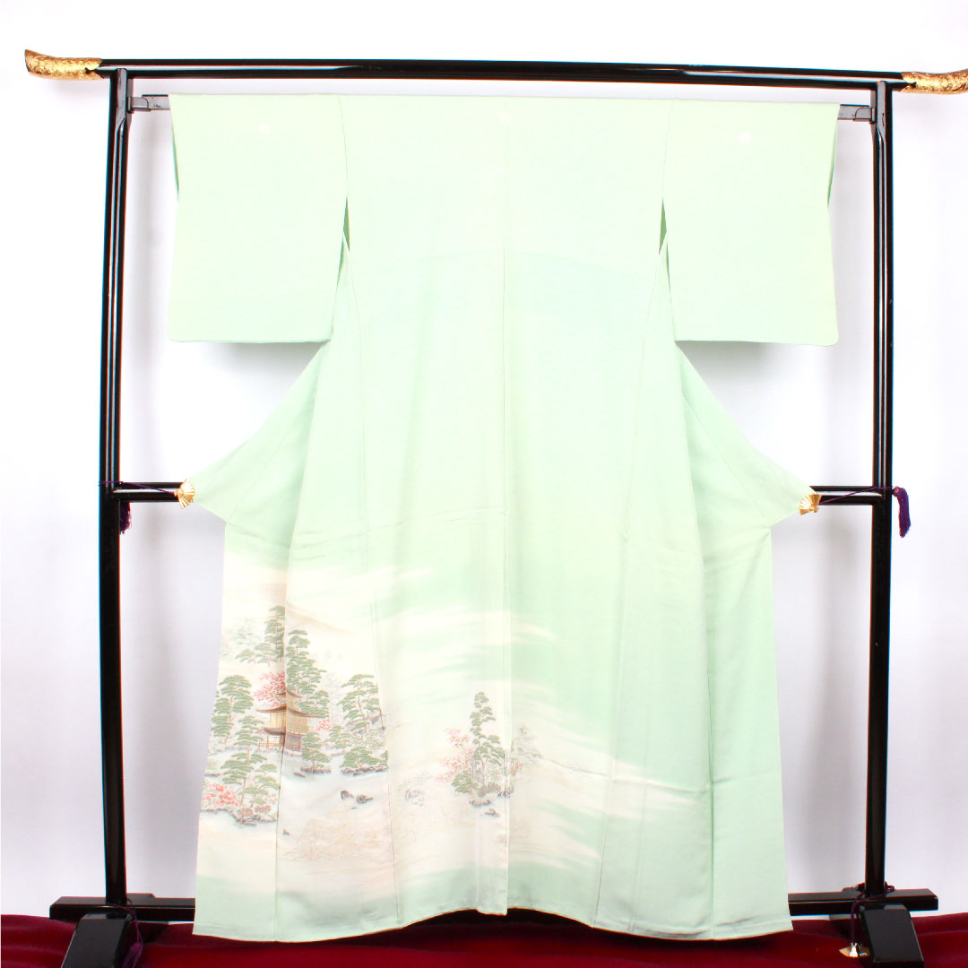 色留袖 身丈161.5cm 裄丈63cm 袷 錆青磁色 寿光織 風景模様 抱き茗荷 正絹 Bランク 三つ紋 緑系 1111000454419