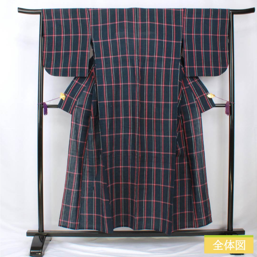 浴衣 木綿 身丈154cm 裄丈65cm Bランク 単衣 紺系 印度藍色(いんどあいいろ) しじら織 格子 1118005624218