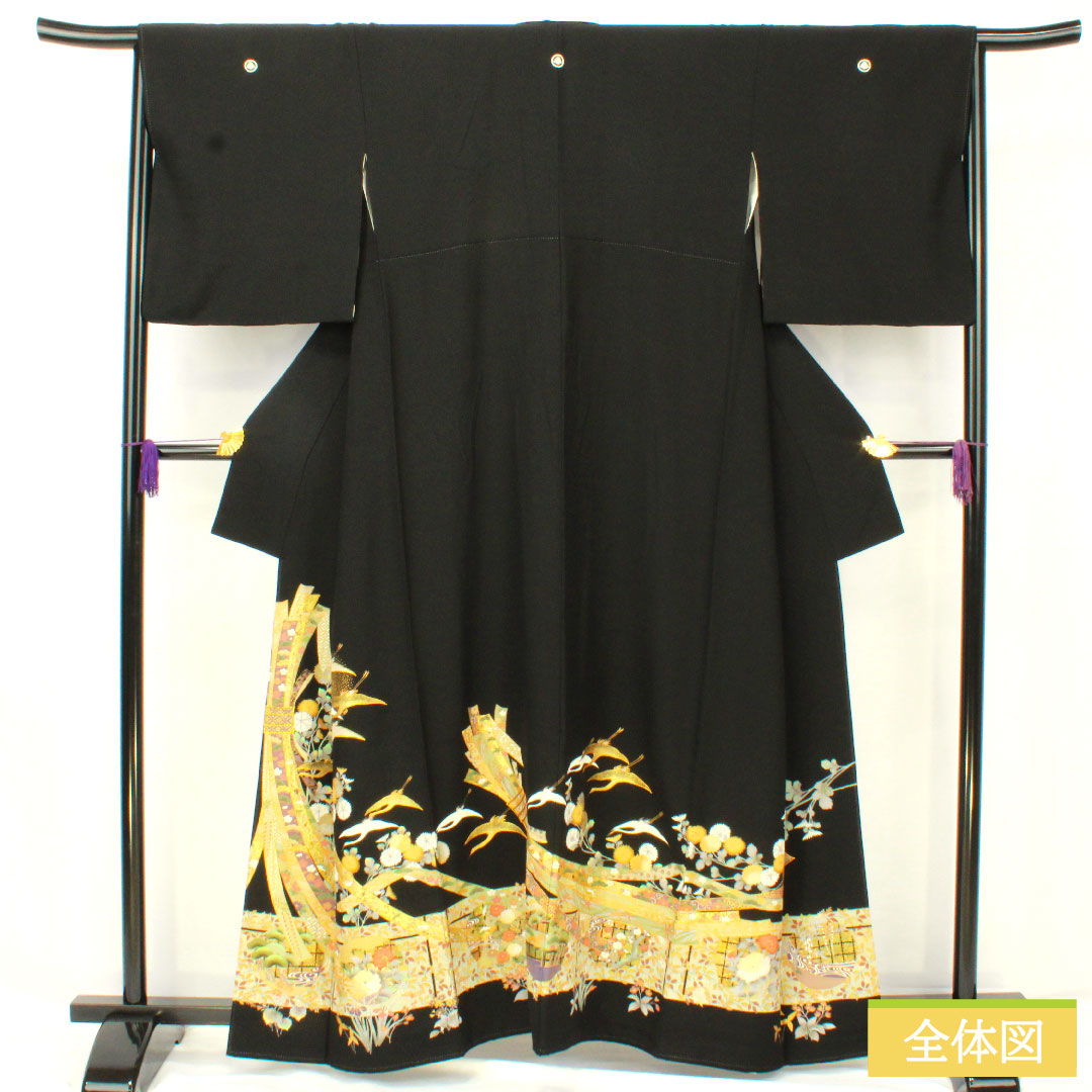 黒留袖 正絹 身丈160cm 裄丈65cm 袷 京友禅 熨斗 鶴 五つ紋 丸に三階菱 三松シルクケア Sランク 黒系 1111001532410