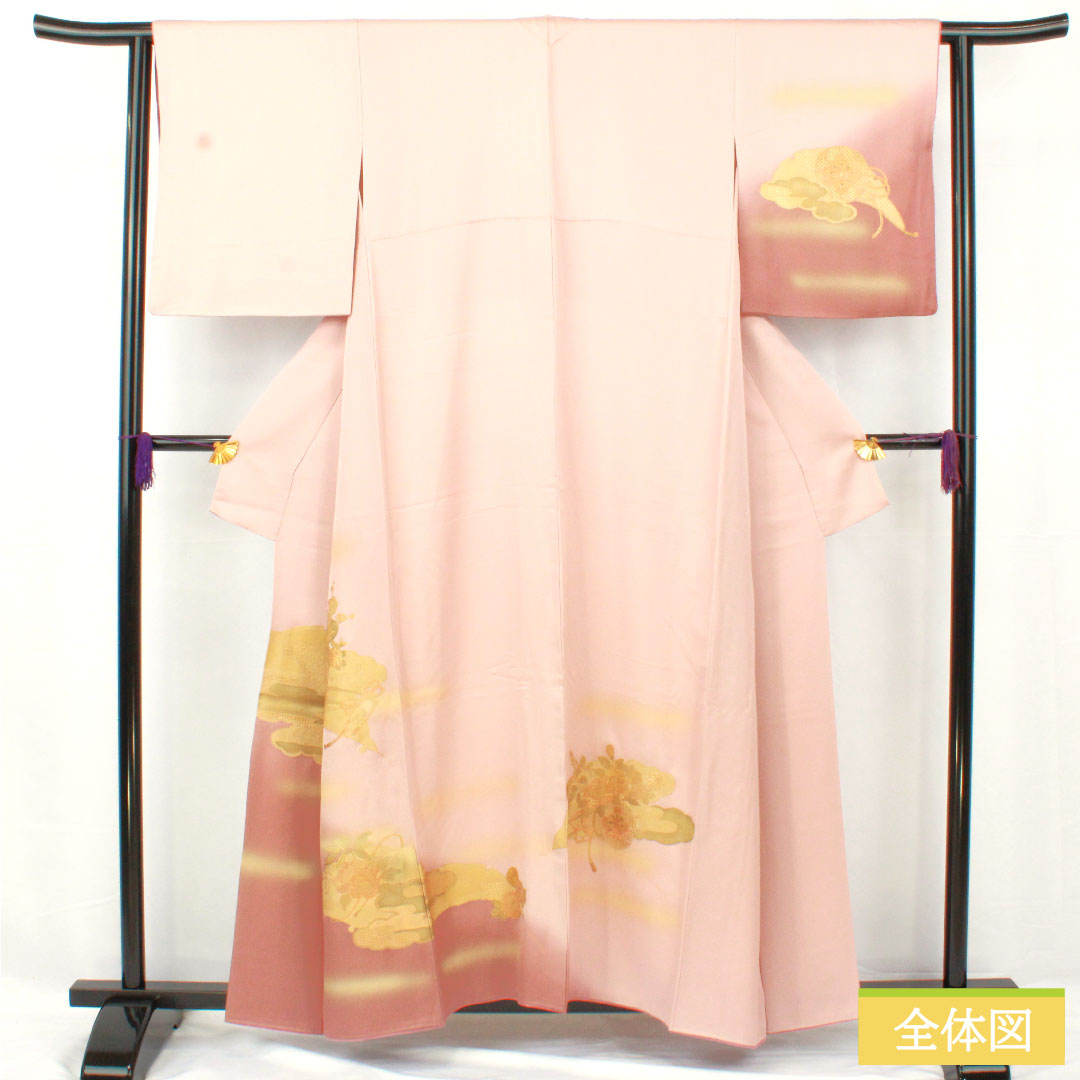 訪問着 正絹 袷 身丈156.5cm 裄丈62.5cm 今様色(いまよういろ) 京友禅 汕頭刺繡 花車 Sランク ピンク系 1112004942313