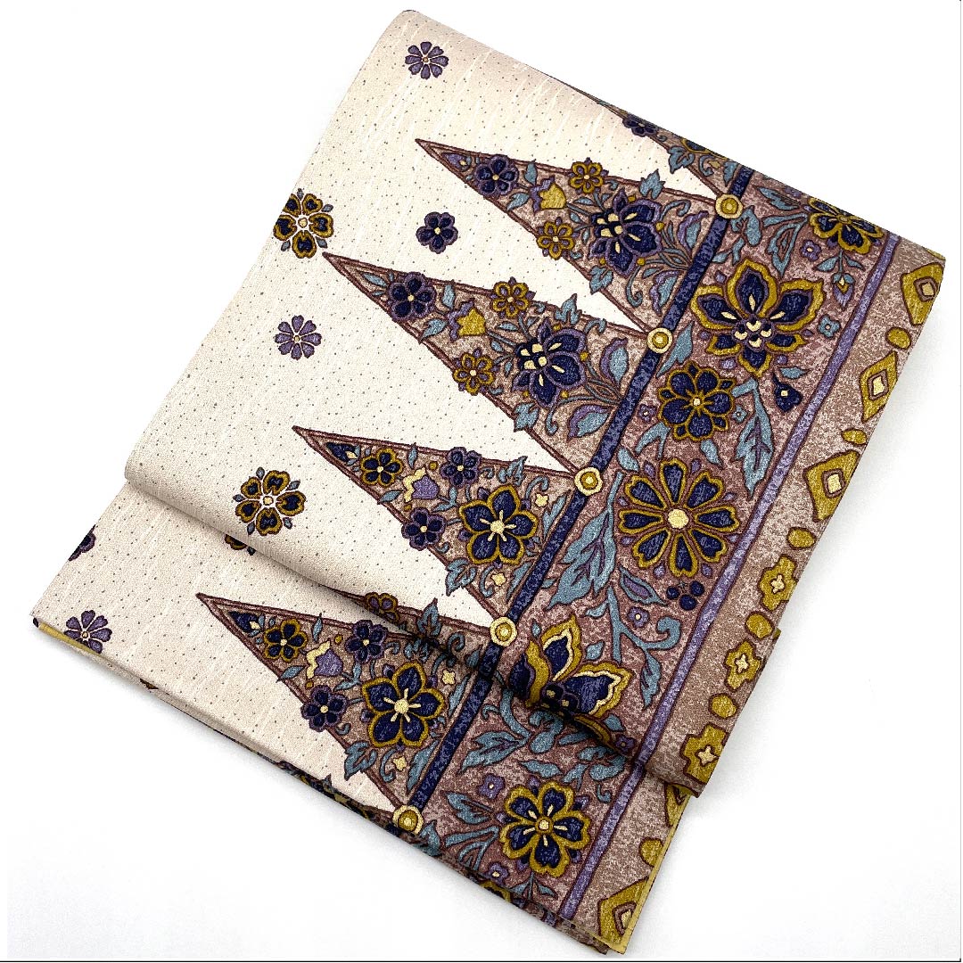 袋帯 翁茶色(おきなちゃいろ) 花更紗 幾何学模様 帯丈457cm 正絹 Aランク 六通 カジュアル ピンク系 1123007183413