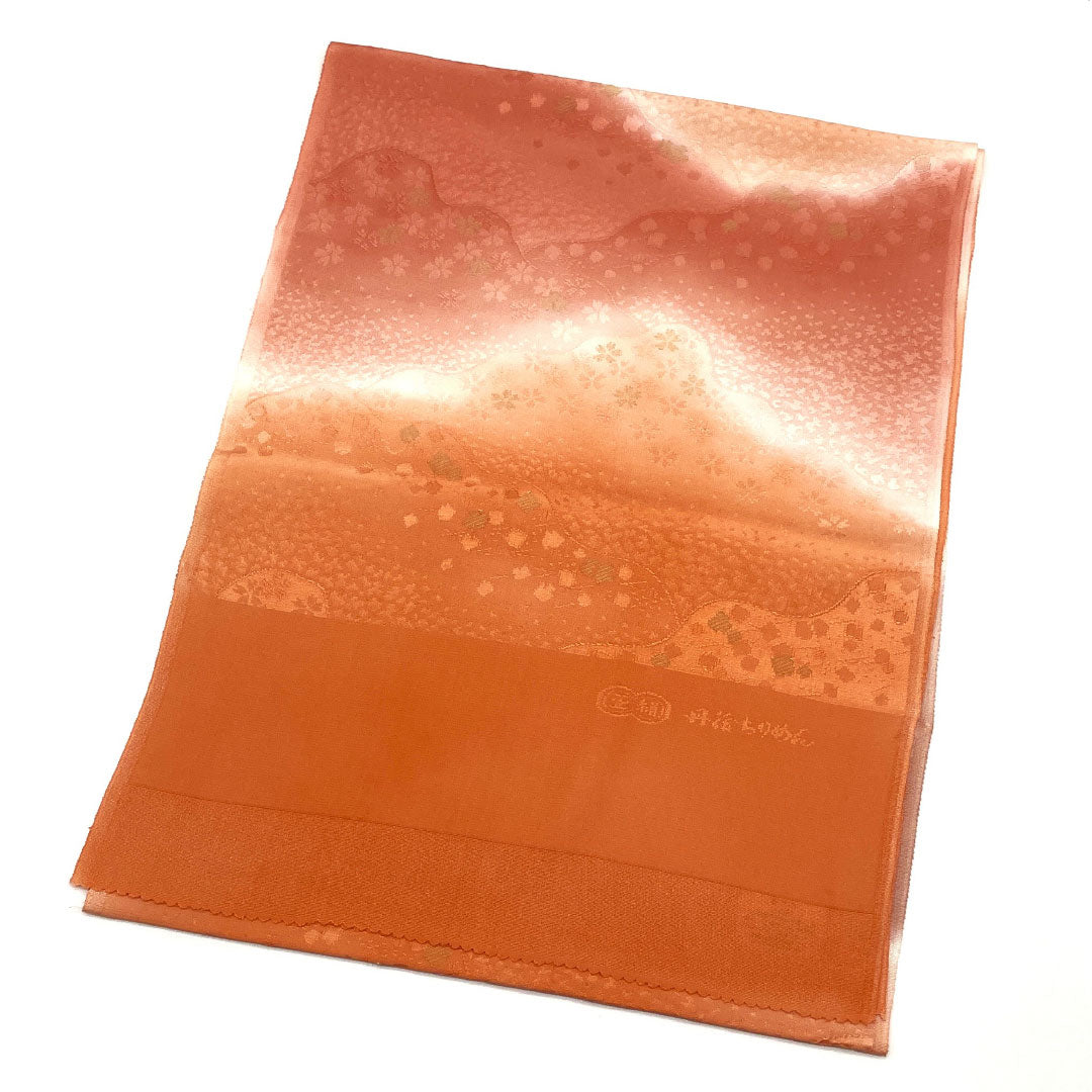 (新古品)帯揚げ 正絹 NEWランク セミフォーマル 珊瑚色(さんごいろ) 丹後ちりめん グラデーション 桜 長さ約180cm 幅約32cm 橙系 1136001181926