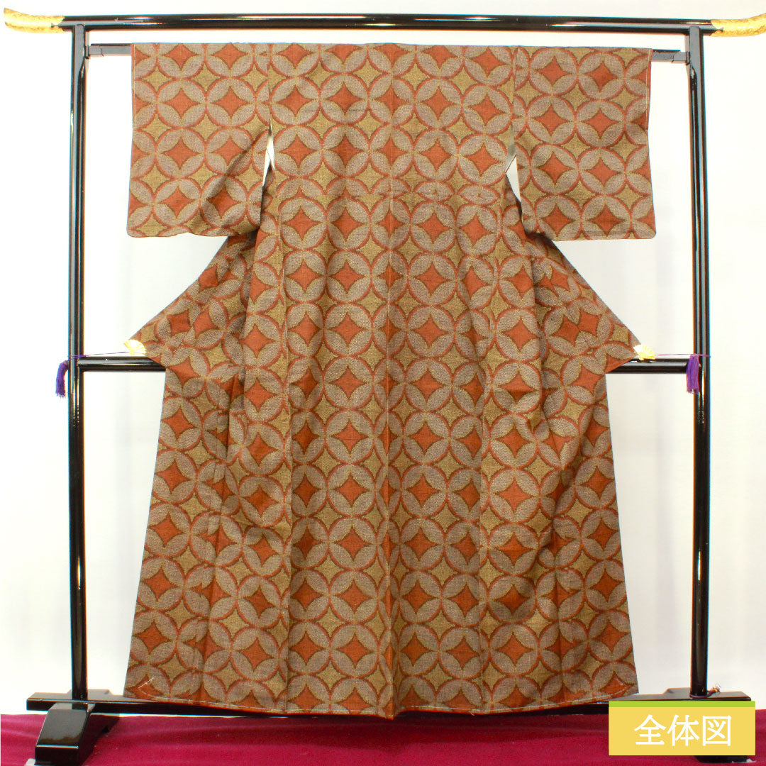 紬 正絹 身丈158cm 裄丈62.5cm 七宝 Aランク 袷 茶系 1116003543314