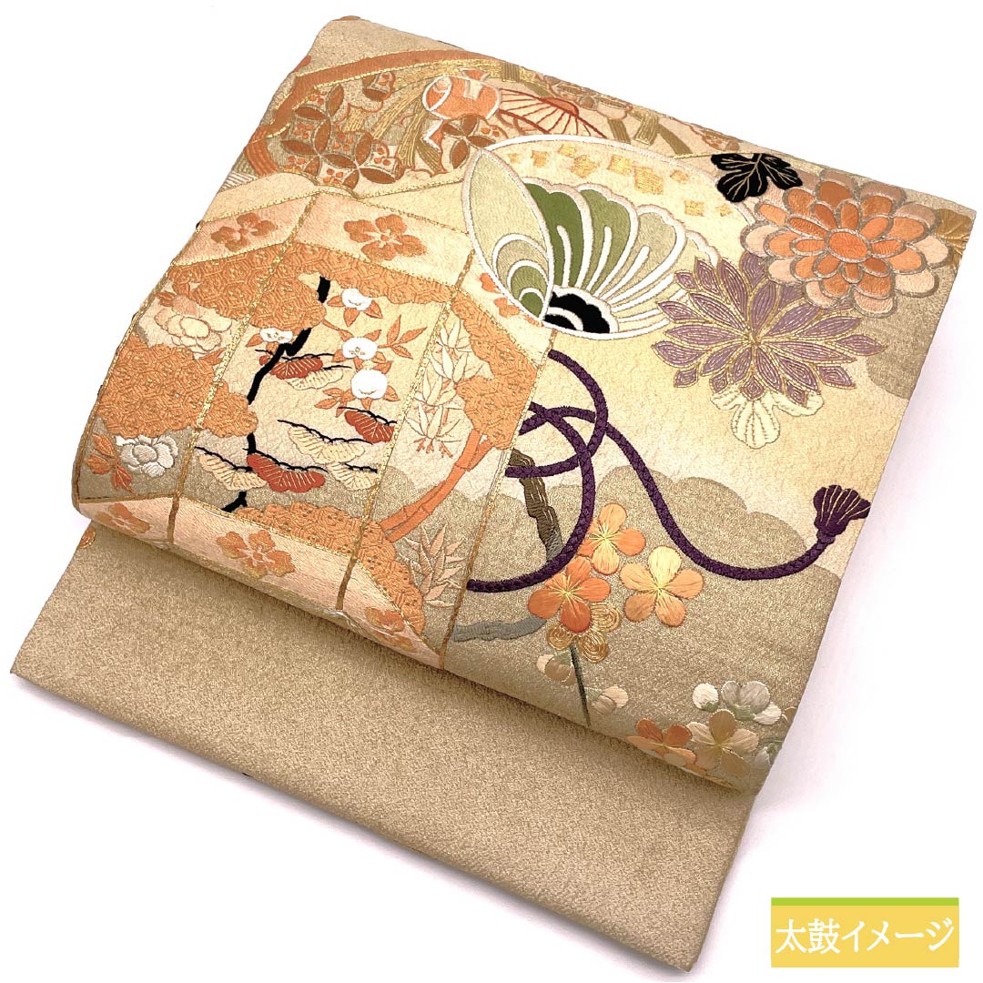 (丸帯)袋帯 正絹 鳥の子色(とりのこいろ) 丸帯 アンティーク 刺繍 帯丈410cm Aランク ポイント柄 フォーマル ベージュ系 1123013863325