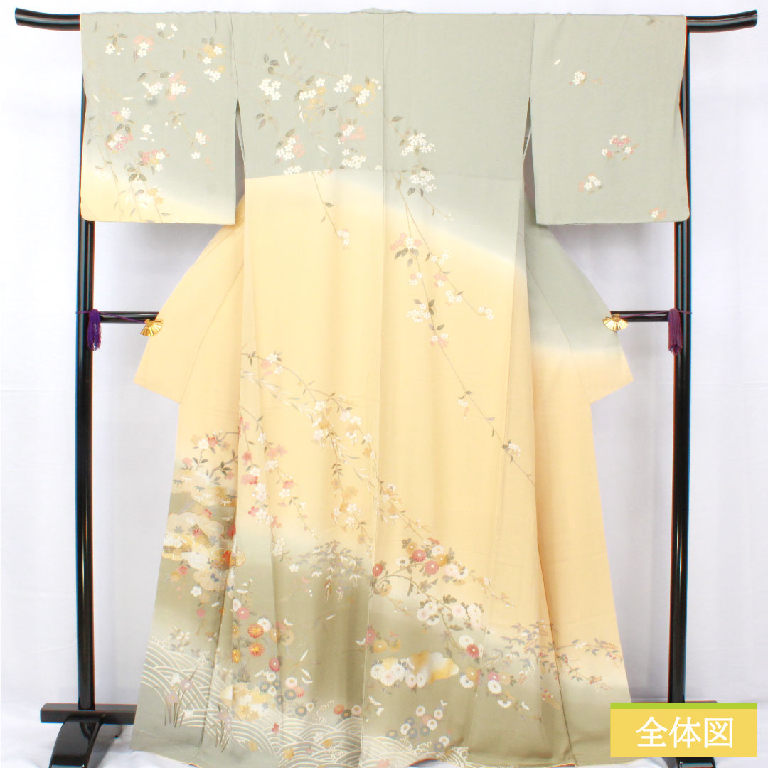 訪問着 正絹 袷 身丈165.5cm 裄丈66.5cm 東京白茶色(とうきょうしらちゃいろ) 青磁色(せいじいろ) 京友禅 草花模様 Sランク グラデーション系 1112005722599