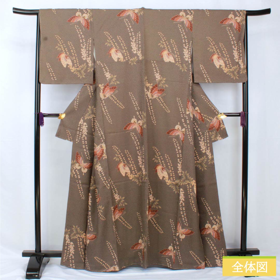 小紋 ポリエステル 身丈163.5cm 裄丈66cm 袷 消炭色(けしずみいろ) 藤 蝶 しつけ糸付き Sランク グレー系 1115005592422