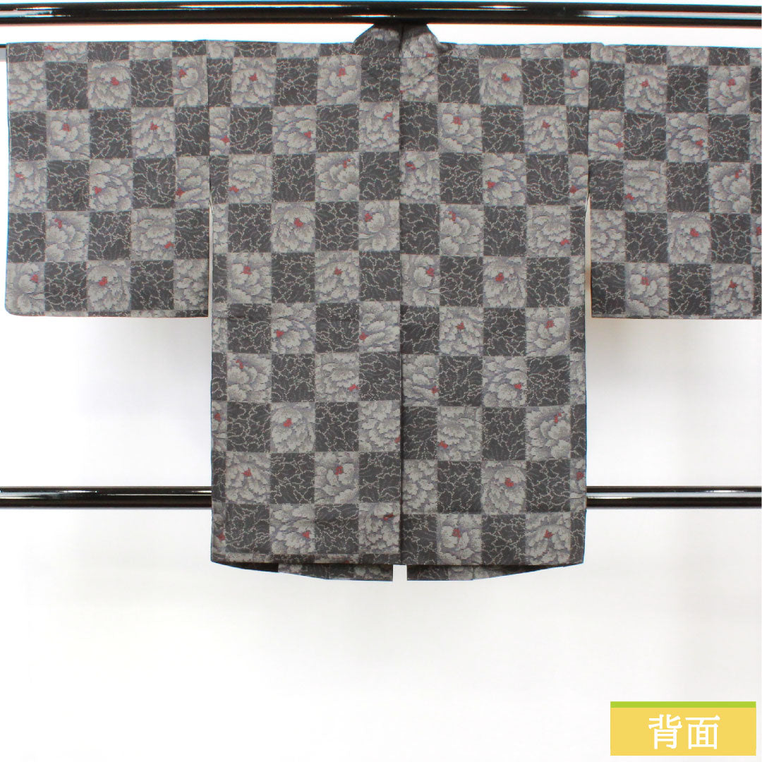 道中着 正絹 身丈88.5cm 裄丈68.5cm 大島紬 緯総絣 草花模様 しつけ糸付き Sランク 袷 黒系 1117001152910