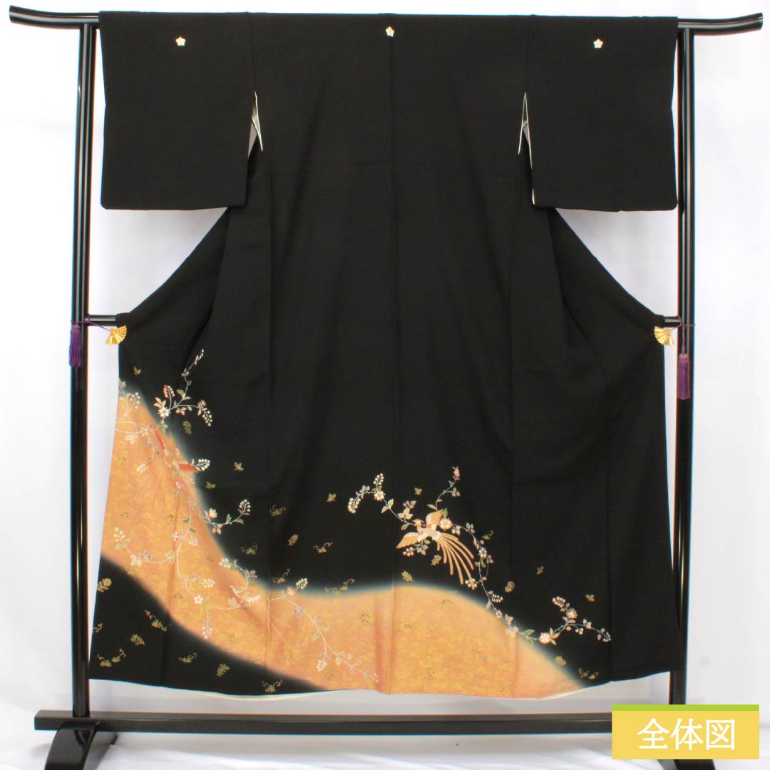 黒留袖 正絹 Sランク 身丈150.5cm 裄丈63cm 袷 京友禅 五つ紋 桔梗 鳳凰 草花 五つ紋 黒系 1111002112110