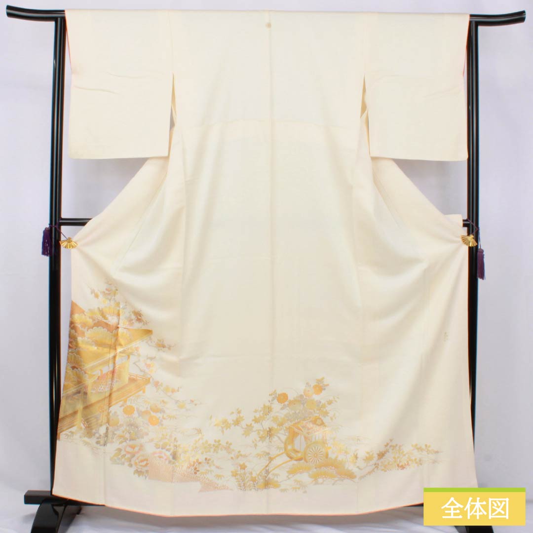 色留袖 正絹 Sランク 身丈160cm 裄丈60.5cm 袷 乳白色(にゅうはくしょく) 一つ紋 丸に木瓜 和田光正 金彩加工 時代風景模様 御所車 一つ紋 白系 1111002012411