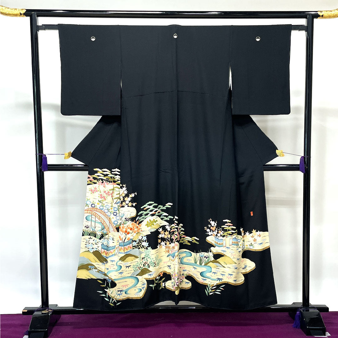 黒留袖 身丈154.5cm 裄丈62cm 袷 京友禅 風景模様 糸輪に覗き木瓜 正絹 Aランク 五つ紋 黒系 1111000883210