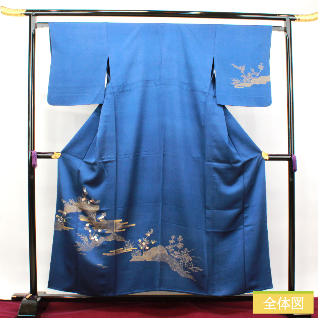 訪問着 正絹 単衣 身丈154.5cm 裄丈63.5cm 濃桔梗色 金彩加工 草花模様 Sランク 紺系 1112003352218