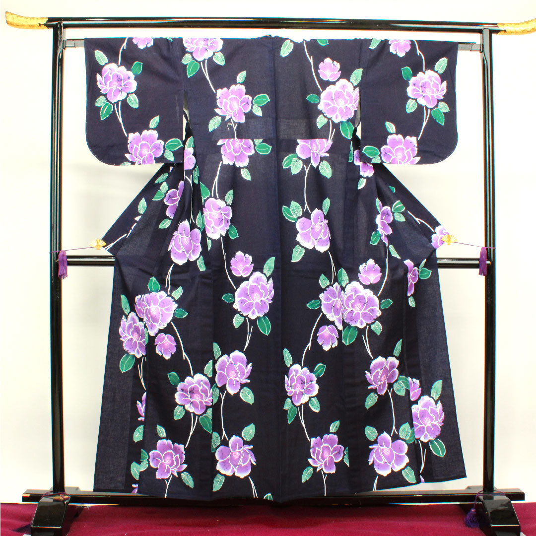 浴衣 濃紺色 山茶花 木綿 Aランク 単衣 身丈157.5cm 裄丈65.5cm 紺系 1118001953318